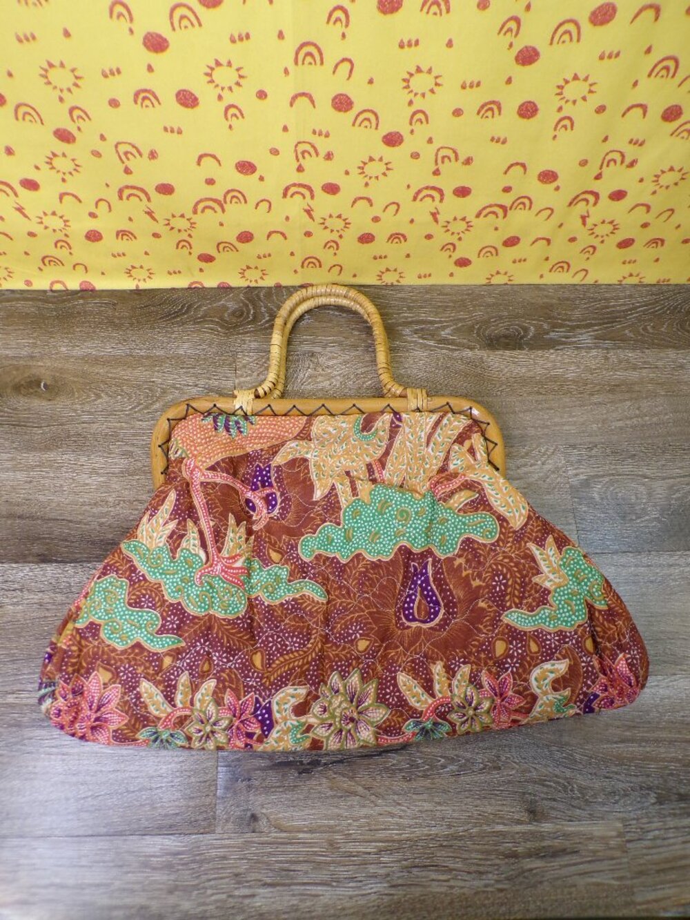 Quilted Handbag Woman's Purse with Wood Handles - Philippines 17"x10"x2"